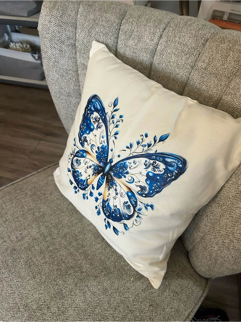 Cream Accent Pillow cover with Blue Butterfly Motif